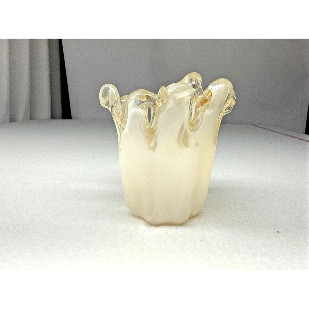 Murano Style Hand Blown Art Glass Vase Bowl Champagne Gold Italy Ruffled Rim